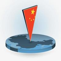 China map in round isometric style with triangular 3D flag of China vector