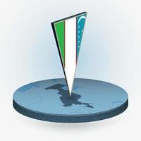 Uzbekistan map in round isometric style with triangular 3D flag of Uzbekistan vector