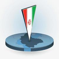 Iran map in round isometric style with triangular 3D flag of Iran vector