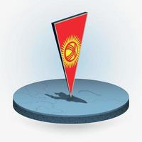 Kyrgyzstan map in round isometric style with triangular 3D flag of Kyrgyzstan vector