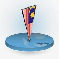 Malaysia map in round isometric style with triangular 3D flag of Malaysia vector