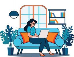 Freelance woman sitting at home working with laptop illustration in doodle style vector