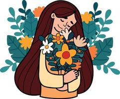 mujer con flor en mujer día concepto ilustración en garabatear estilo vector