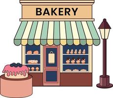 bakery with cake illustration in doodle style vector