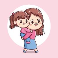 happy mothers day illustration of mother and daughter kawaii chibi flat character vector