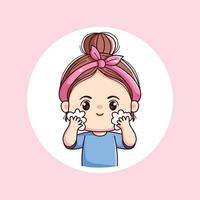 Cute girl wash face daily activity with pink headband kawaii chibi flat character vector