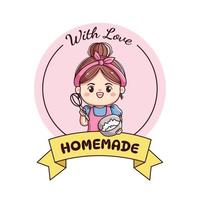 Food or bakery label logo with ribbon chef character homemade cute character chibi kawaii vector