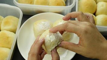 Leche bollo haciendo procesos, hecho en casa panadería preparación concepto, Fresco masa pelota con crema Cocinando producto video