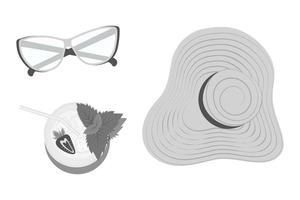 Set of glasses with clear lenses, cocktail with strawberries and mint and a brim hat in grayscale. vector