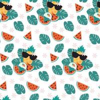 Bright seamless summer pattern of pineapple in sunglasses, watermelon slices and cocktail with mint vector