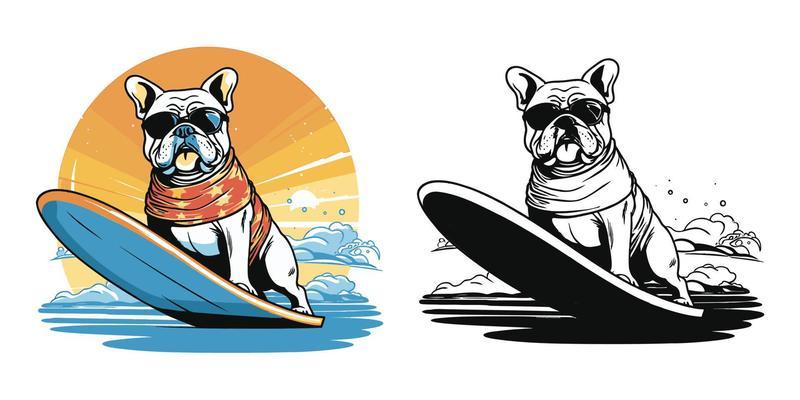 A beach loving bulldog catching some waves on a surfboard.Illustration of T-shirt design