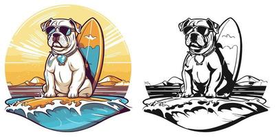 un playa amoroso buldog atrapando algunos olas en un tabla de surf.ilustracion de camiseta diseño vector