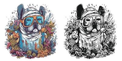 un buldog con gafas de protección bucear en el Oceano rodeado.ilustracion de camiseta diseño vector