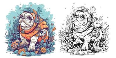 A bulldog with goggles snorkeling in the ocean surrounded.Illustration of T-shirt design vector