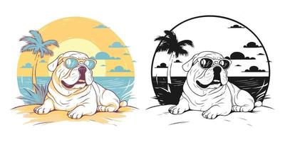 visualizar un contento buldog descansando en un tropical playa.ilustracion de camiseta diseño vector