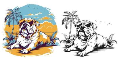 Visualize a happy Bulldog lounging on a tropical beach.Illustration of T-shirt design vector