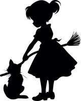 Girl with her Cat Holding a Broom vector