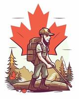 canadian hiker with maple leaf backdrop vector