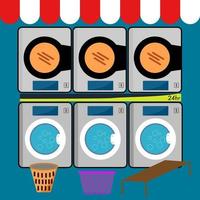 Washing machine 24 hr and laundry basket at laundromat.  Flat style illustration vector