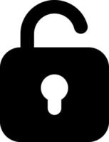 Unlocked padlock black glyph ui icon. Security setting. Folder access control. User interface design. Silhouette symbol on white space. Solid pictogram for web, mobile. Isolated vector illustration