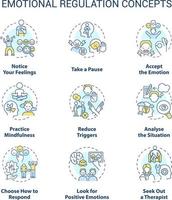 Emotional regulation concept icons set. Practical skills. Control and manage feelings idea thin line color illustrations. Isolated symbols. Editable stroke vector