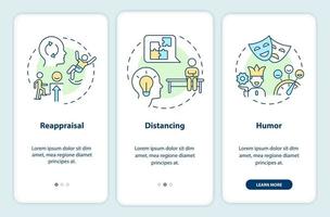 Cognitive change onboarding mobile app screen. Emotional regulation walkthrough 3 steps editable graphic instructions with linear concepts. UI, UX, GUI template vector