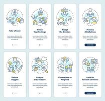 Emotional regulation onboarding mobile app screen set. Walkthrough 4 steps editable graphic instructions with linear concepts. UI, UX, GUI template vector