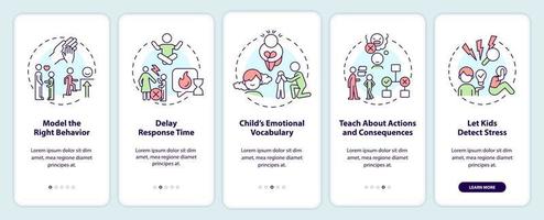 Fostering emotional regulation in child onboarding mobile app screen. Walkthrough 5 steps editable graphic instructions with linear concepts. UI, UX, GUI template vector