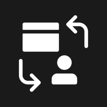 Personal transactions dark mode glyph ui icon. Individual payments. User interface design. White silhouette symbol on black space. Solid pictogram for web, mobile. Vector isolated illustration