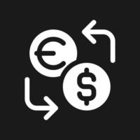 Currency exchange dark mode glyph ui icon. Money value. Foreign currency. User interface design. White silhouette symbol on black space. Solid pictogram for web, mobile. Vector isolated illustration