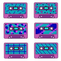 Collection of retro vintage audio music cassettes with magnetic tape. Vector illustration cassettes with different abstract design in 90s, 80s, 70s style.