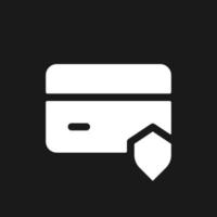 Payment card security dark mode glyph ui icon. Credit card and shield. User interface design. White silhouette symbol on black space. Solid pictogram for web, mobile. Vector isolated illustration