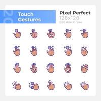 Touch control gestures pixel perfect RGB color icons set. Touchscreen. Isolated vector illustrations. Simple filled line drawings collection. Editable stroke