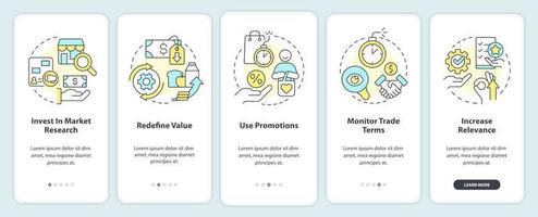 Managing prices onboarding mobile app screen. Dealing with inflation walkthrough 5 steps editable graphic instructions with linear concepts. UI, UX, GUI template vector