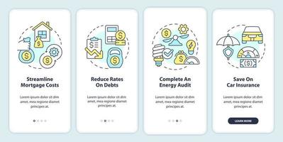 Budgeting for inflation onboarding mobile app screen. Walkthrough 4 steps editable graphic instructions with linear concepts. UI, UX, GUI template vector