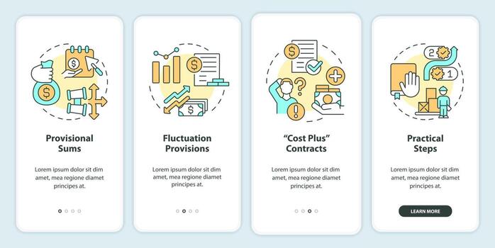 Dealing with inflation in construction onboarding mobile app screen. Walkthrough 4 steps editable graphic instructions with linear concepts. UI, UX, GUI template vector