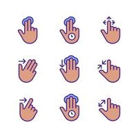 Multiple fingers gestures pixel perfect RGB color icons set. Touchscreen control. Tablet and phone navigation. Isolated vector illustrations. Simple filled line drawings collection. Editable stroke