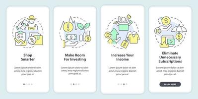 Budget planning for inflation onboarding mobile app screen. Walkthrough 4 steps editable graphic instructions with linear concepts. UI, UX, GUI template vector