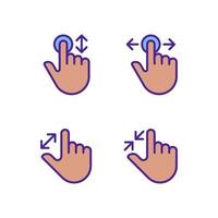 Scrolling and magnifying gestures pixel perfect RGB color icons set. Touchscreen. Electronic device navigation. Isolated vector illustrations. Simple filled line drawings collection. Editable stroke