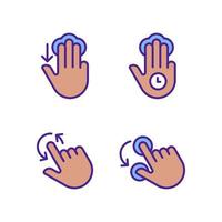 Multi touch function pixel perfect RGB color icons set. Three finger tap, hold. Rotation function. Touchscreen. Isolated vector illustrations. Simple filled line drawings collection. Editable stroke