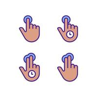 Long press pixel perfect RGB color icons set. Double finger touch. Multi touch. Touchscreen control gestures. Isolated vector illustrations. Simple filled line drawings collection. Editable stroke