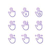 Touchscreen control gradient linear vector icons set. Device navigation gestures. Smartphone and tablet. Thin line contour symbol designs bundle. Isolated outline illustrations collection