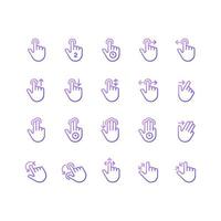 Touch gestures gradient linear vector icons set. Touchscreen control. Smartphone navigation. Multi touch technology. Thin line contour symbol designs bundle. Isolated outline illustrations collection