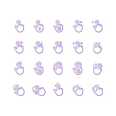 Touch gestures gradient linear vector icons set. Touchscreen control. Smartphone navigation. Multi touch technology. Thin line contour symbol designs bundle. Isolated outline illustrations collection
