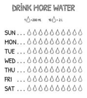 Weekly water tracker vector template. Doodle drinking water checklist. Black minimalism style. Drink more water