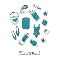 Doodle summer set of travel and beach accessories. Time to travel vector