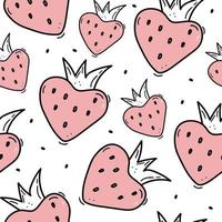 Hand drawn strawberry seamless vector pattern. Big and small pink strawberries with drops and black doodle stroke on white background