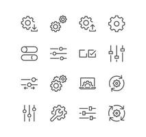 Set of setup and settings related icons, installation, wizard, restore options, download, upload and linear variety vectors. vector