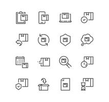 Set of delivery related icons, delivery date, courier, warehouse, return search parcel, fast shipping and linear variety vectors. vector