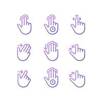 Multitouch gestures gradient linear vector icons set. Touchscreen control. Tablet and phone navigation. Thin line contour symbol designs bundle. Isolated outline illustrations collection